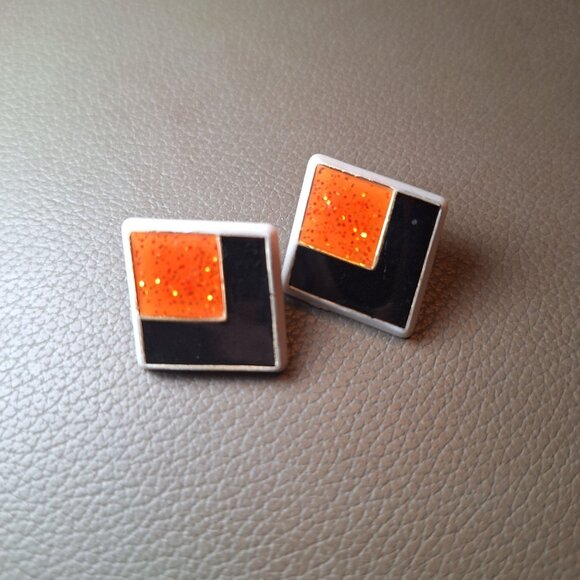Square Retro Geometric Stud Earring Sparkling Orange Black Design 1 Inch Diamond - Picture 2 of 6